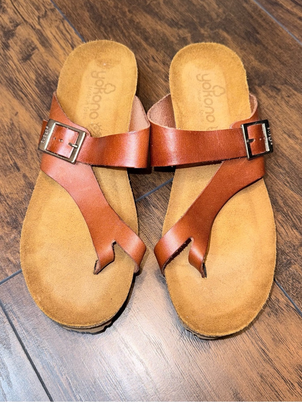 Brown Leather Toe-Loop Sandals with Buckle Strap for Women